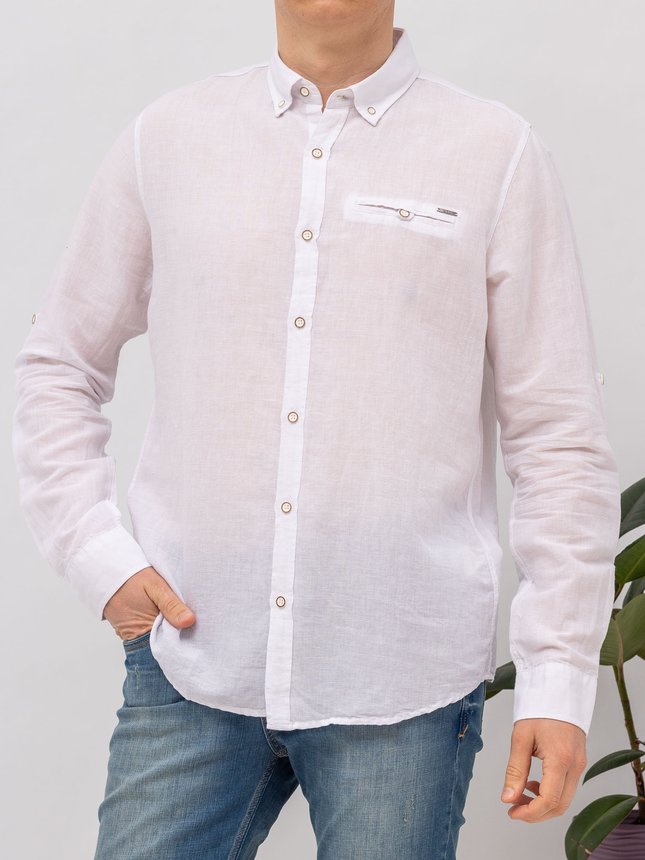Рубашка с длинным рукавом мужская MCL 32250 BEYAZ LINEN,рукав с подворотом, классический ворот, цвет Белый, размер M