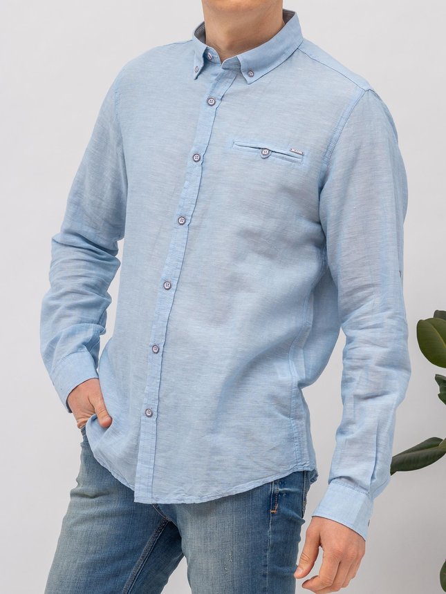 Рубашка с длинным рукавом мужская MCL 32250 MAVI LINEN, рукав с подворотом, классический ворот, цвет Голубой, размер M