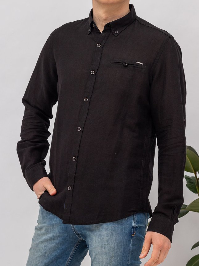 Рубашка с длинным рукавом мужская MCL 32250 SIYAH LINEN,рукав с подворотом, классический ворот, цвет Черный, размер M