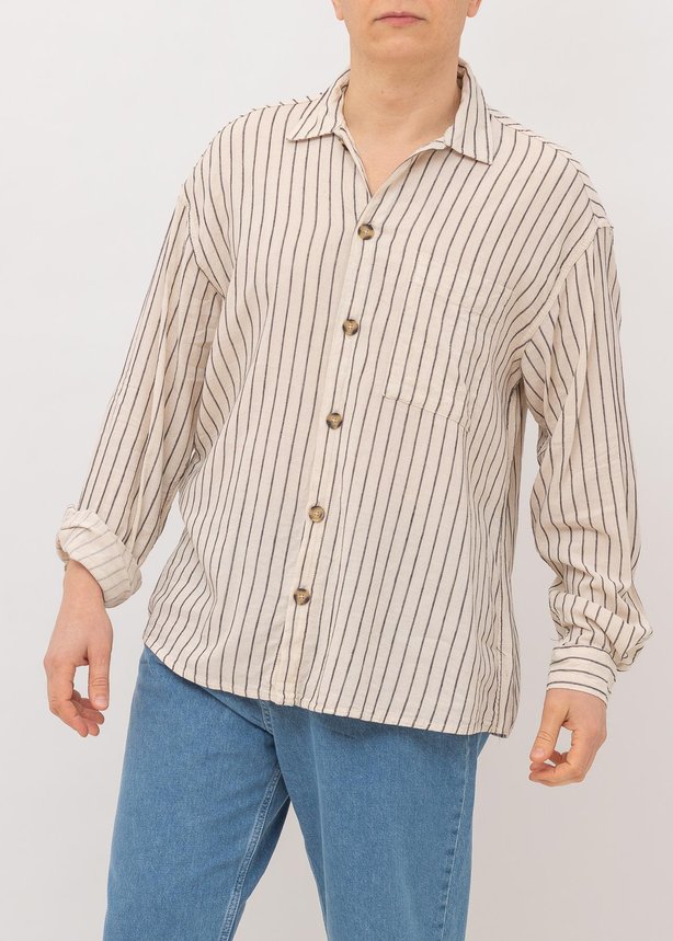Рубашка с длинным рукавом мужская GIESTO 4830 BEIGE лен в полоску оверсайз, цвет Бежевый, размер M