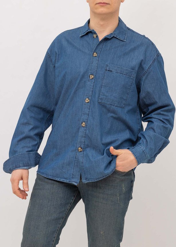 Сорочка з довгим рукавом чоловіча GIESTO 4839 D BLUE джинсова оверсайз, колір Темний джинс, розмір S