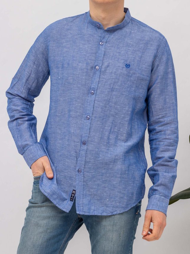 Рубашка с длинным рукавом мужская MCL 25692 INDIGO LINEN, стойка воротник, рукав с подворотом, цвет Синий, размер M