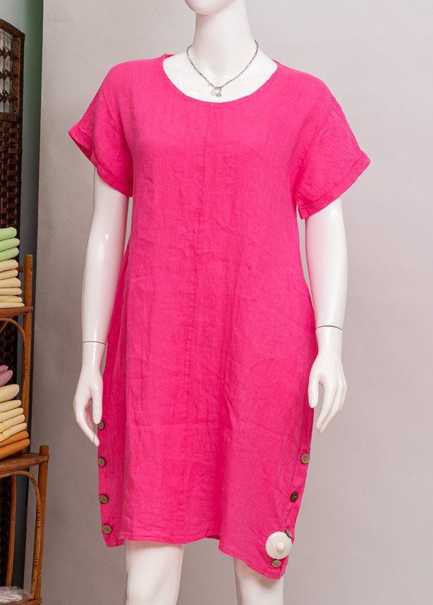 Плаття льон жіноче MADE IN ITALY 1505 PINK знику по бокам гудзики, колір Рожевий, розмір ONE
