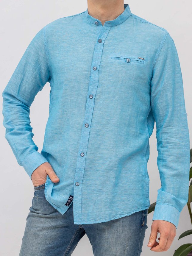 Рубашка с длинным рукавом мужская MCL 32251 TURKUAZ LINEN, стойка воротник, рукав с подворотом, цвет Морскоя волна, размер XL