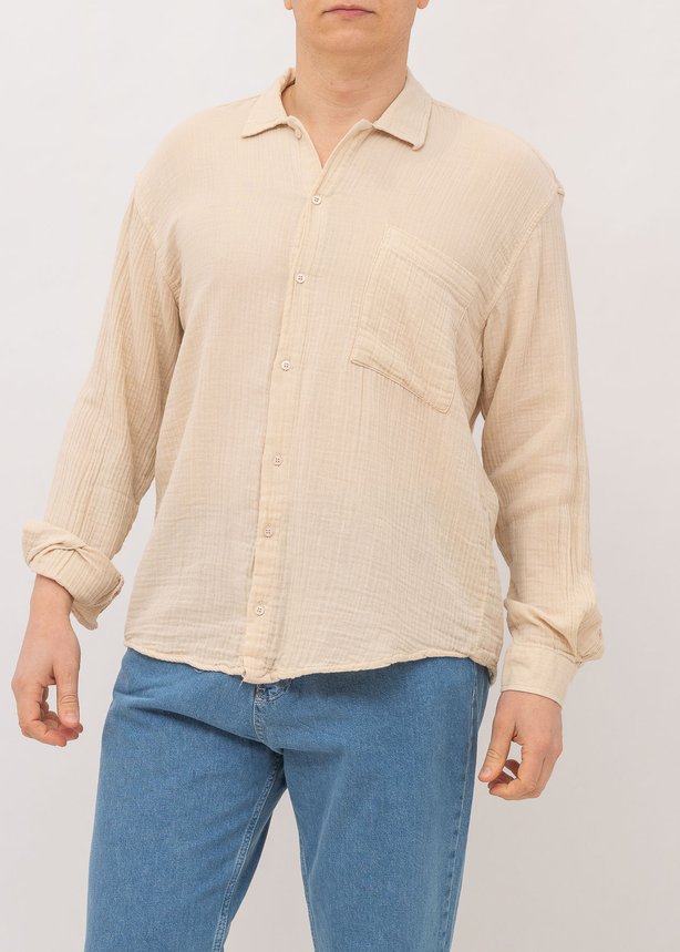 Рубашка с длинным рукавом мужская GIESTO 4871 BEIGE MUSLIN оверсайз, цвет Бежевый, размер S