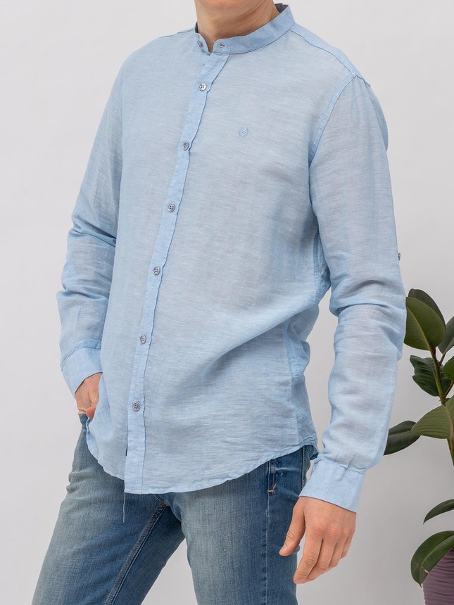 Рубашка с длинным рукавом мужская MCL 25692 MAVI LINEN, стойка воротник, рукав с подворотом, цвет Голубой, размер XXL